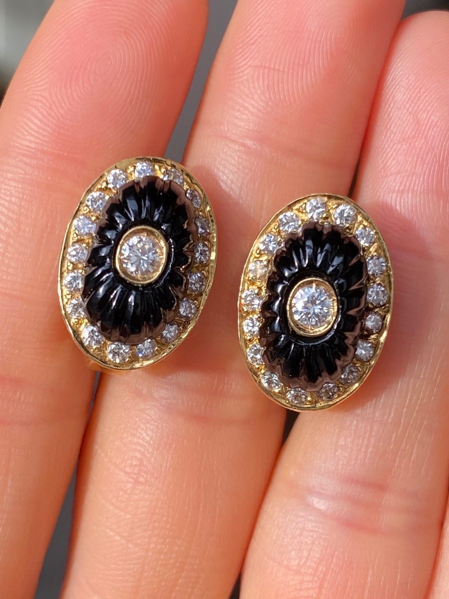 Boucles D’oreilles En Or Jaune 18k Onyx Et Diamants -photo-5