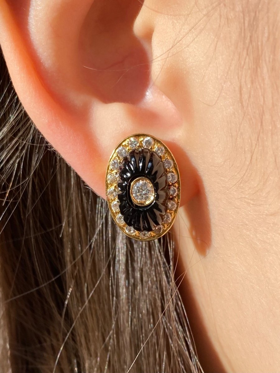 Boucles D’oreilles En Or Jaune 18k Onyx Et Diamants -photo-6