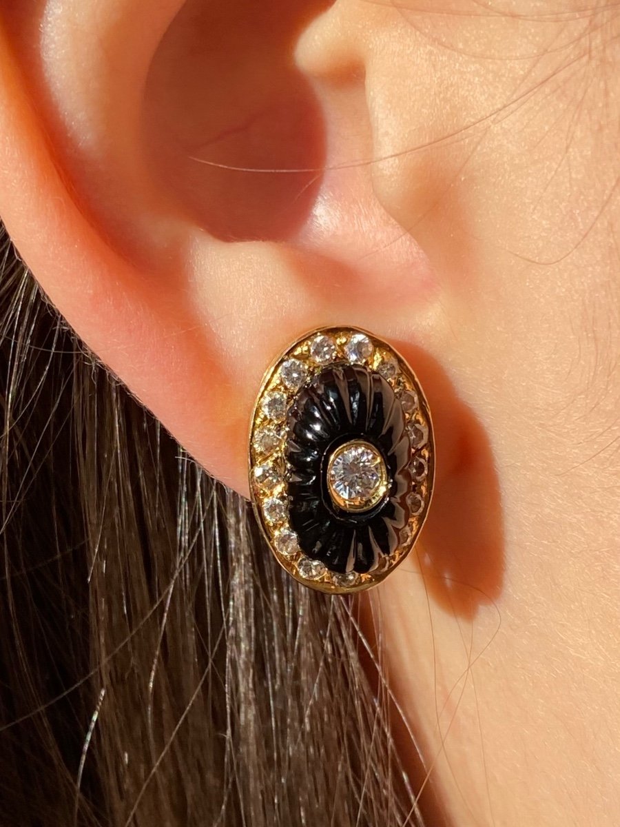 Boucles D’oreilles En Or Jaune 18k Onyx Et Diamants -photo-7