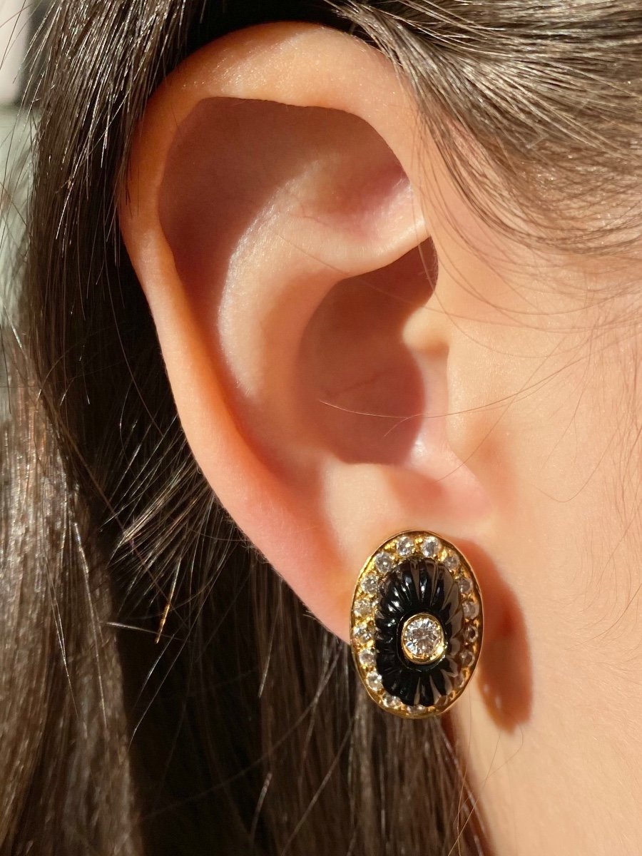 Boucles D’oreilles En Or Jaune 18k Onyx Et Diamants -photo-8