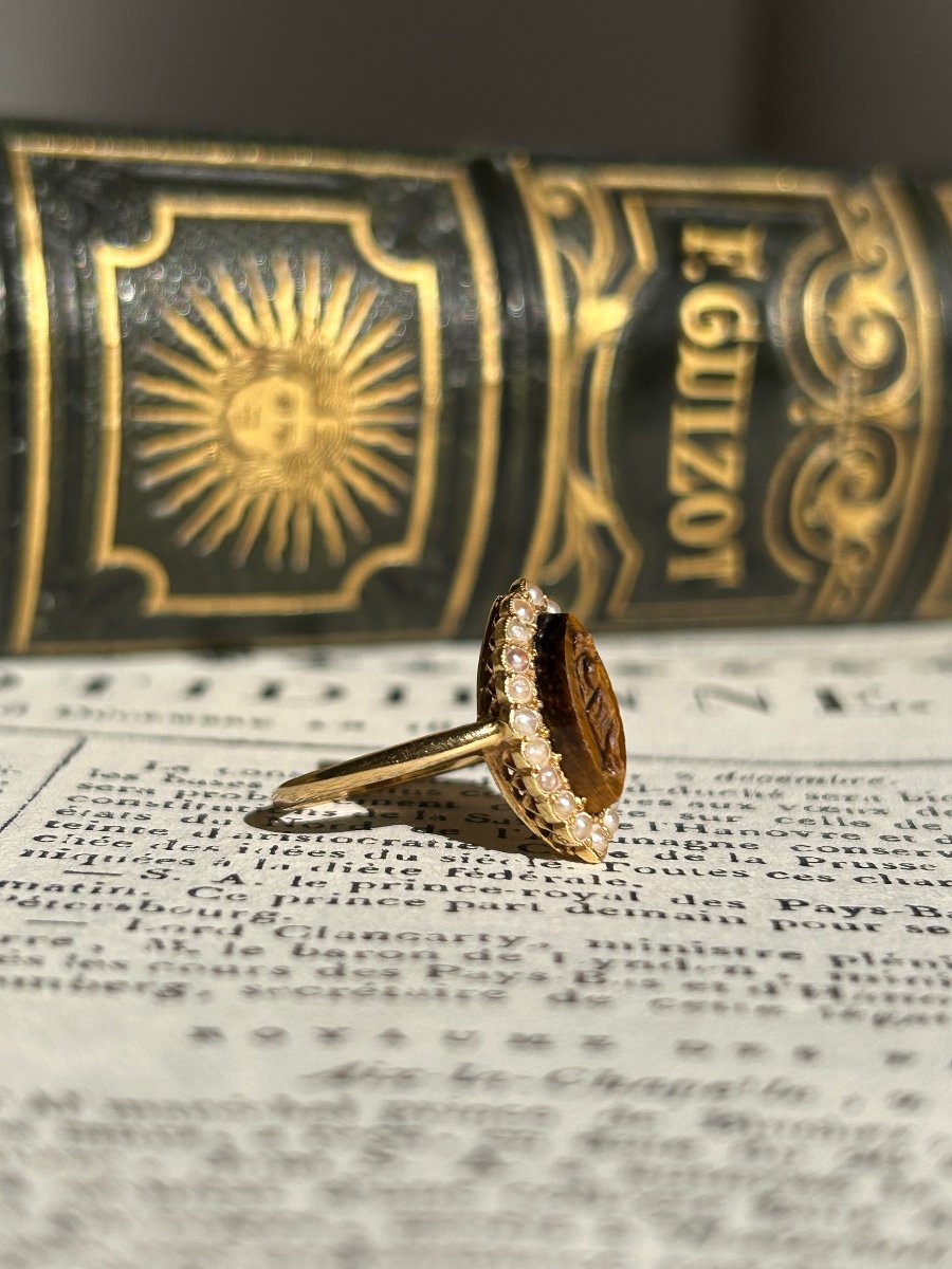 Antique 18k Yellow Gold Tiger's Eye And Pearl Ring-photo-4