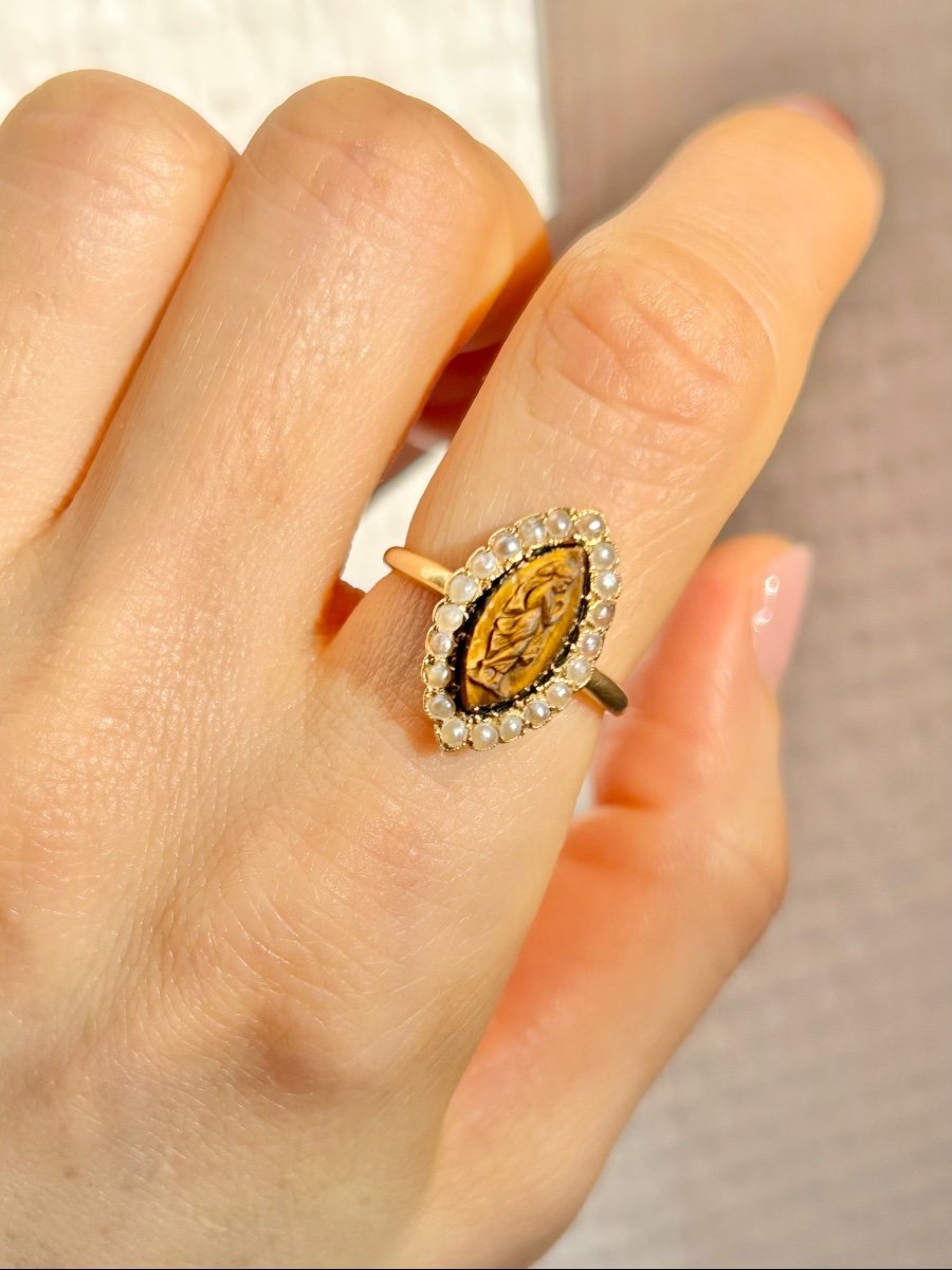 Antique 18k Yellow Gold Tiger's Eye And Pearl Ring-photo-3