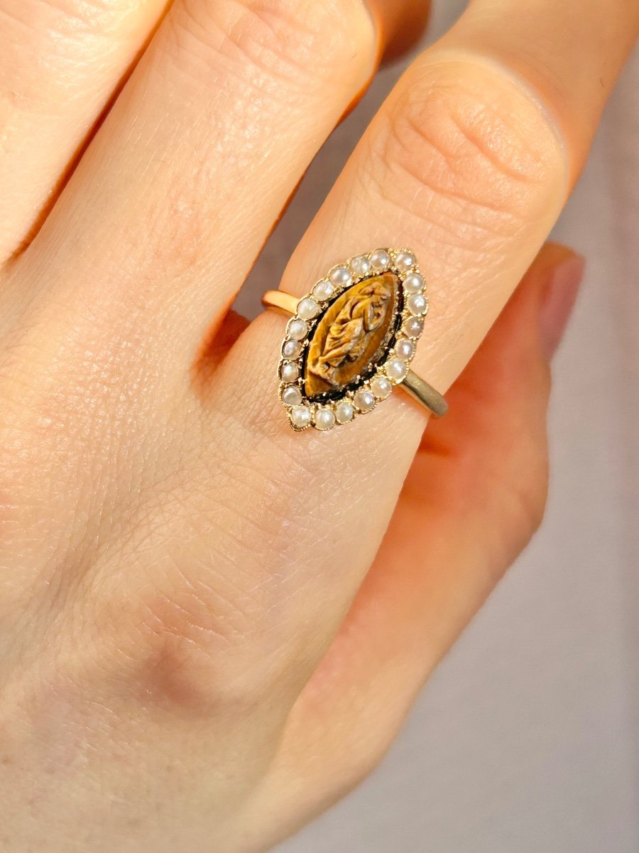 Antique 18k Yellow Gold Tiger's Eye And Pearl Ring-photo-4