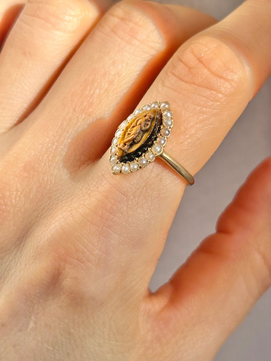 Antique 18k Yellow Gold Tiger's Eye And Pearl Ring-photo-5