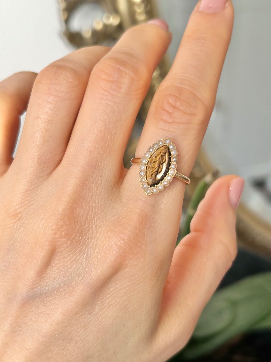 Antique 18k Yellow Gold Tiger's Eye And Pearl Ring-photo-6