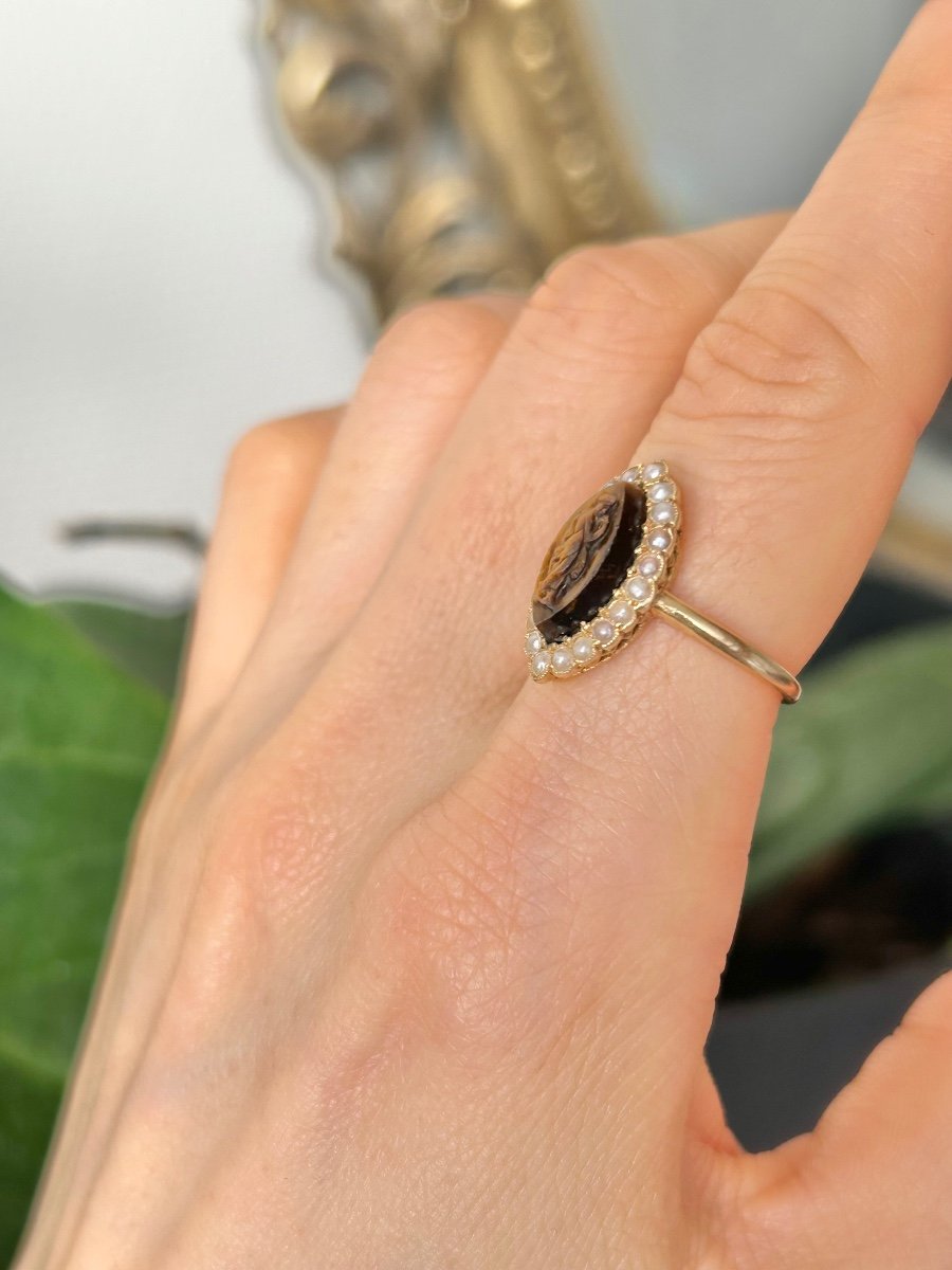 Antique 18k Yellow Gold Tiger's Eye And Pearl Ring-photo-7