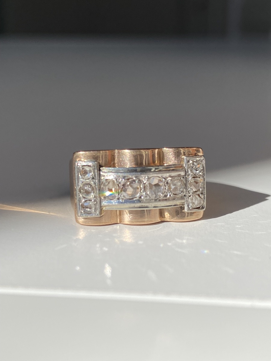 Tank Ring In 18k Rose Gold And Platinum With Diamonds -photo-2