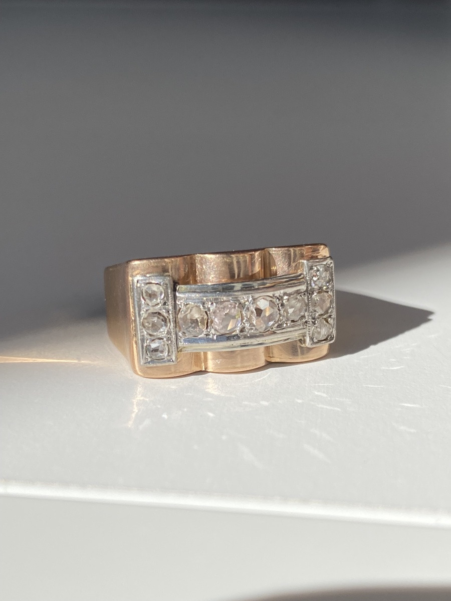 Tank Ring In 18k Rose Gold And Platinum With Diamonds -photo-3