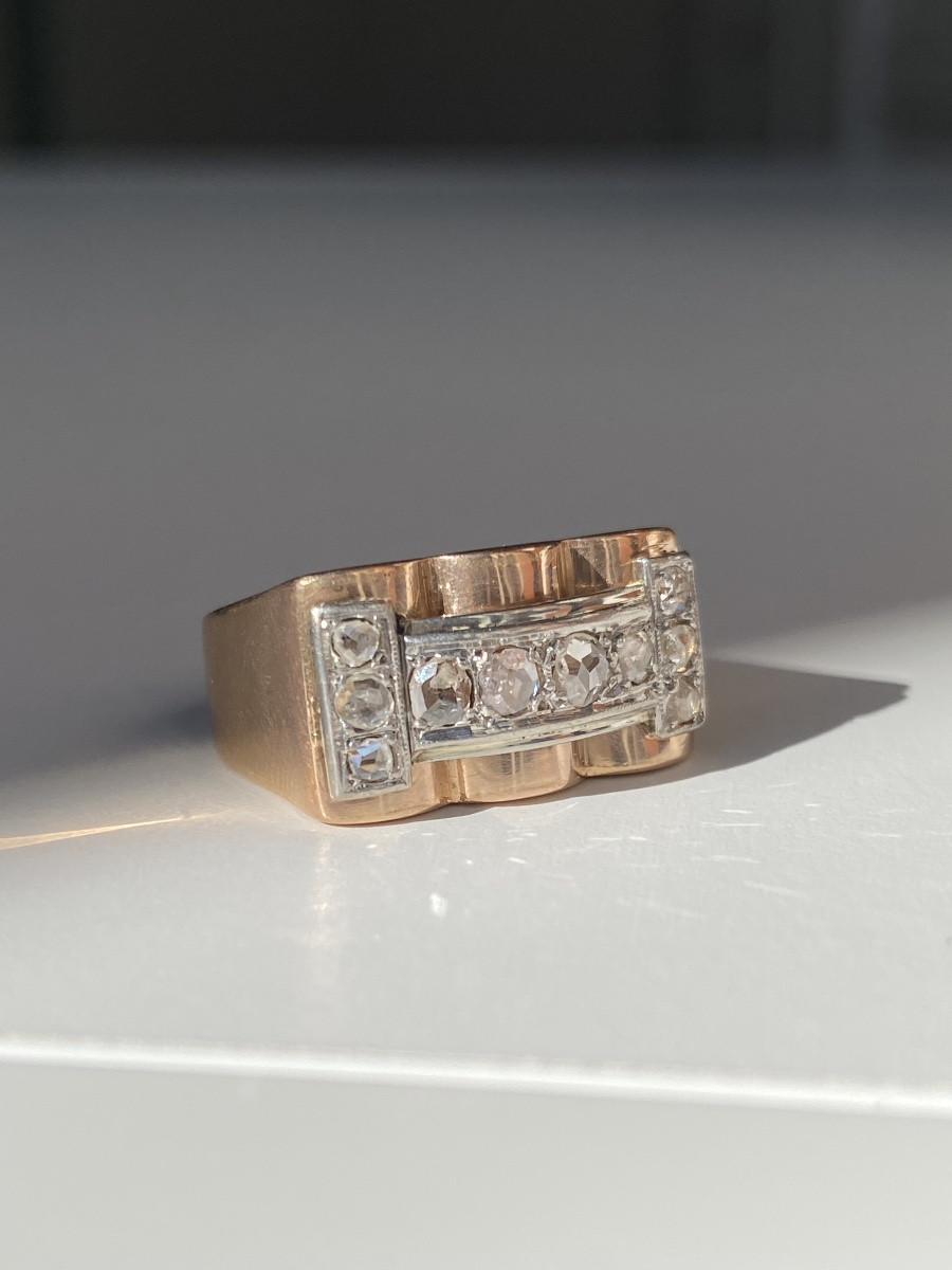 Tank Ring In 18k Rose Gold And Platinum With Diamonds -photo-4