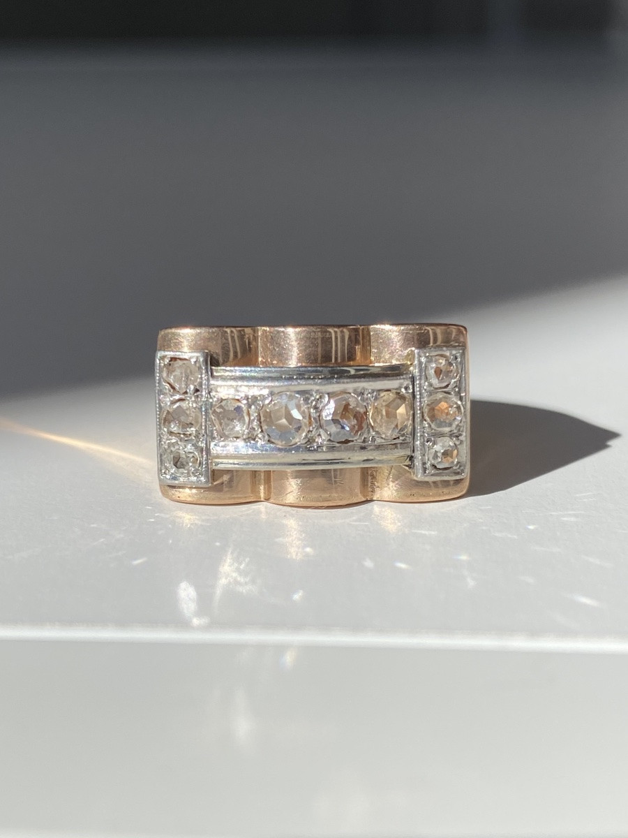 Tank Ring In 18k Rose Gold And Platinum With Diamonds -photo-1