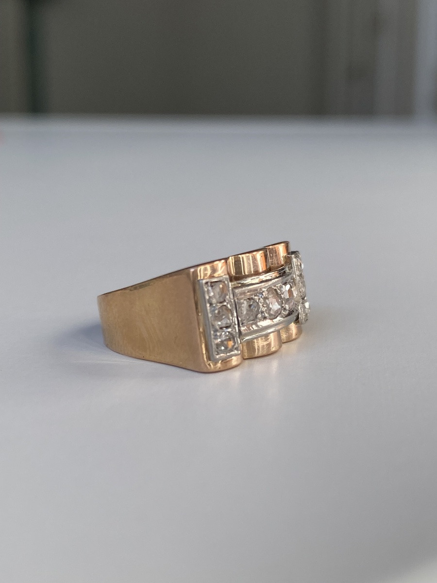 Tank Ring In 18k Rose Gold And Platinum With Diamonds -photo-2