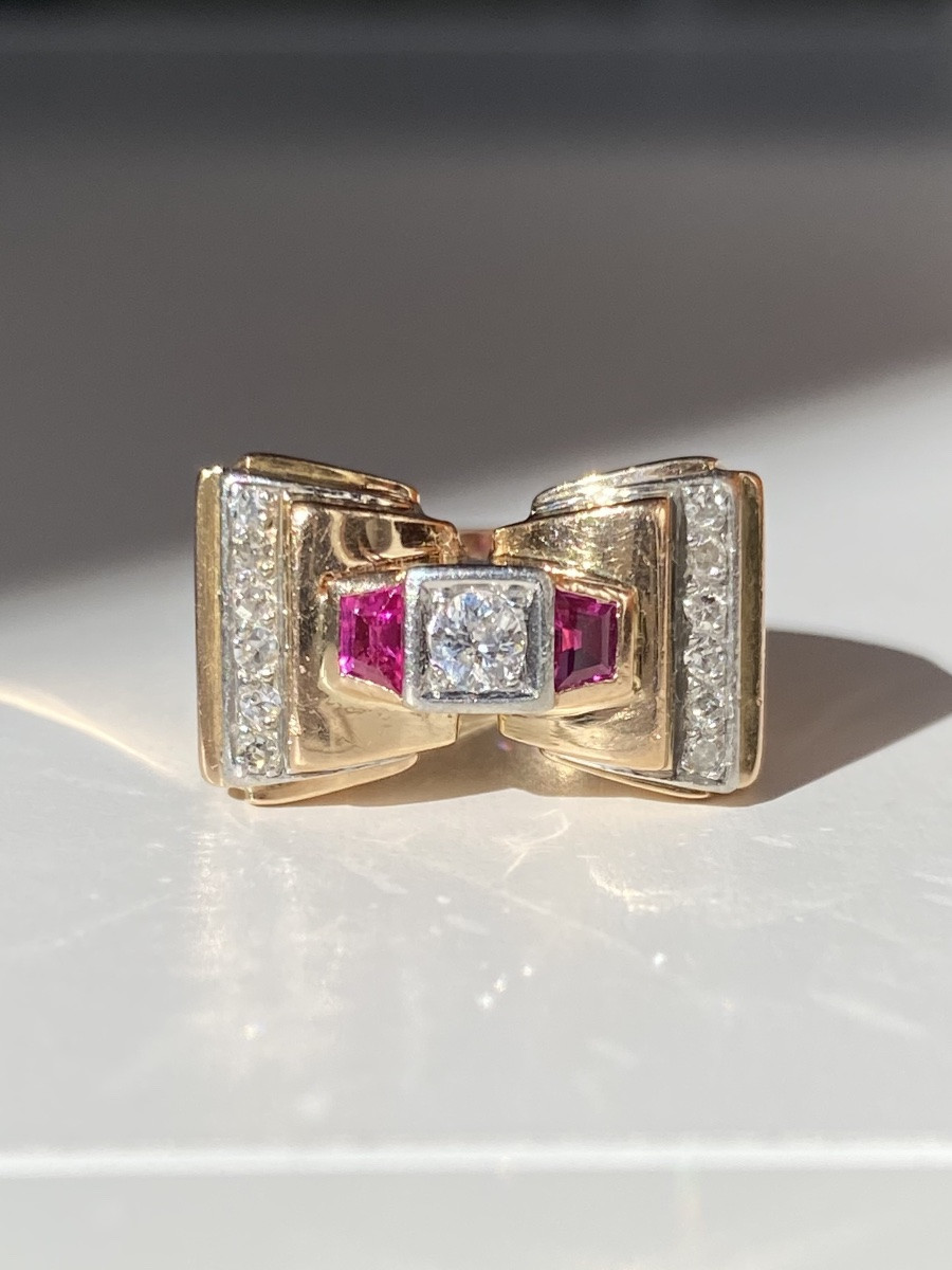 Tank Ring In 18k Rose Gold And Platinum With Diamonds -photo-2