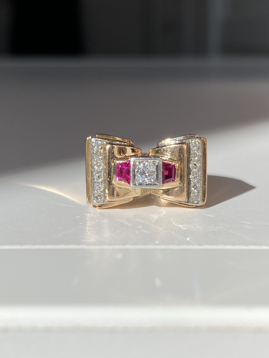 Bague Tank En Or Rose 18k Et Platine Et Diamants -photo-4