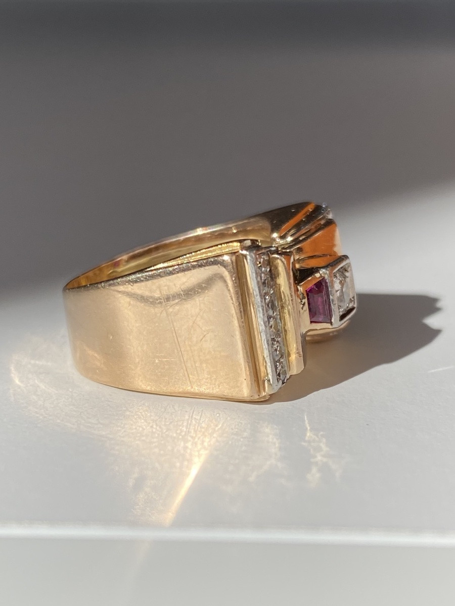 Tank Ring In 18k Rose Gold And Platinum With Diamonds -photo-2