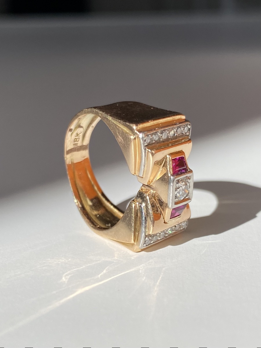 Tank Ring In 18k Rose Gold And Platinum With Diamonds -photo-3