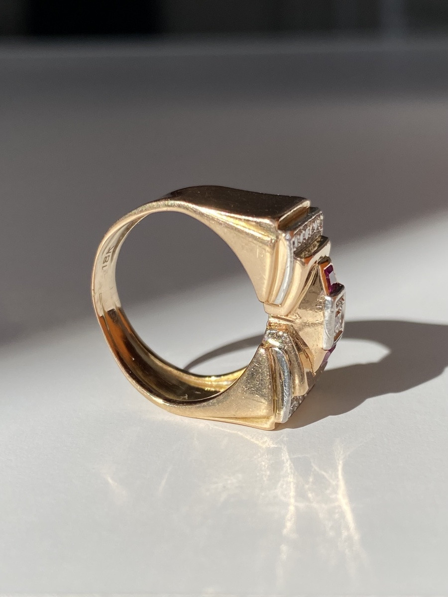 Tank Ring In 18k Rose Gold And Platinum With Diamonds -photo-4