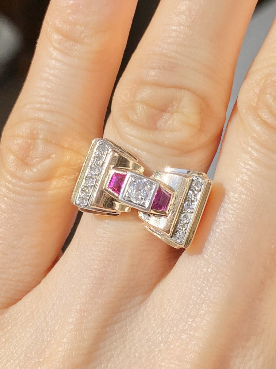 Tank Ring In 18k Rose Gold And Platinum With Diamonds -photo-6