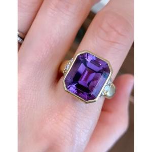 Important Ring In 18k Yellow Gold Amethyst And Diamonds 