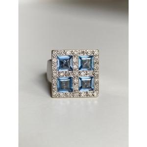 Square-shaped 18k White Gold Ring, Set With Four Aquamarines And Diamonds 