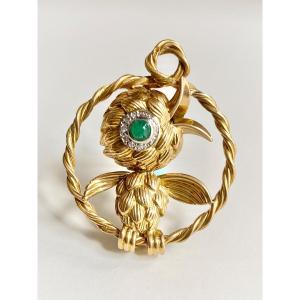 Broche En Or Jaune 18k Et Platine  Représentant Un Oiseau