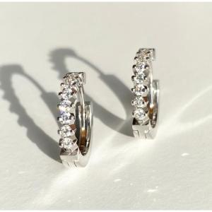 Boucles D’oreilles Créoles En Or Blanc 18k Et Diamants 