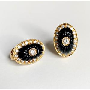 Boucles D’oreilles En Or Jaune 18k Onyx Et Diamants 