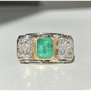 18k White And Yellow Gold Emerald And Diamond Tank Ring 