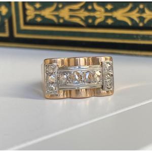 Tank Ring In 18k Rose Gold And Platinum With Diamonds 