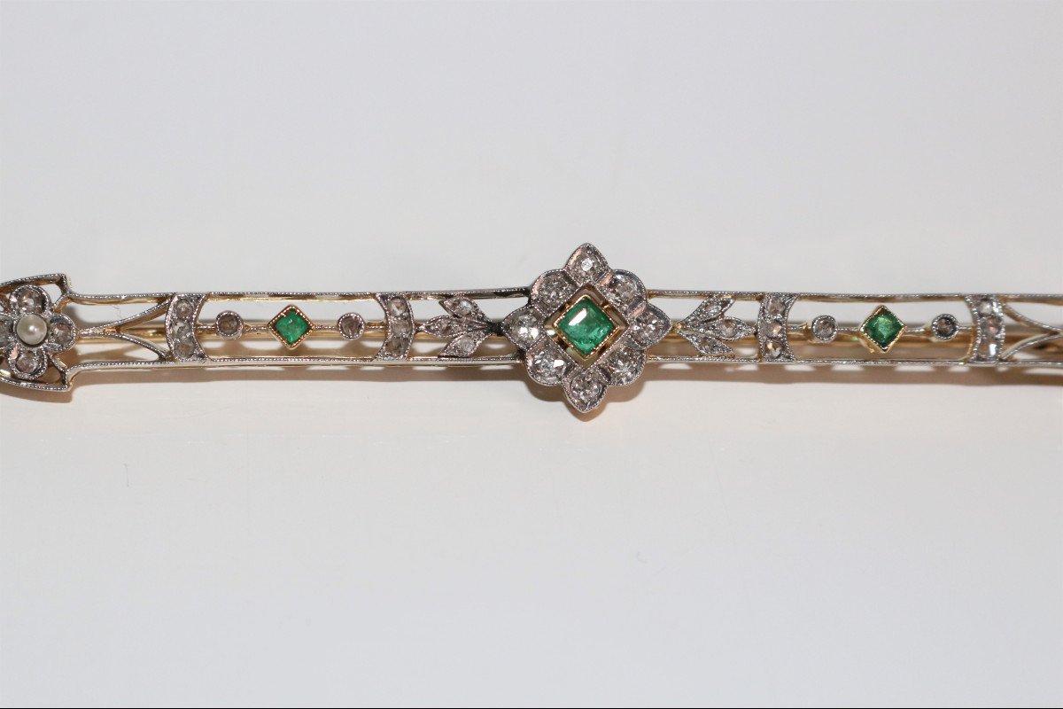 Brooch-bar Emeralds, Pearls, Diamonds-photo-3