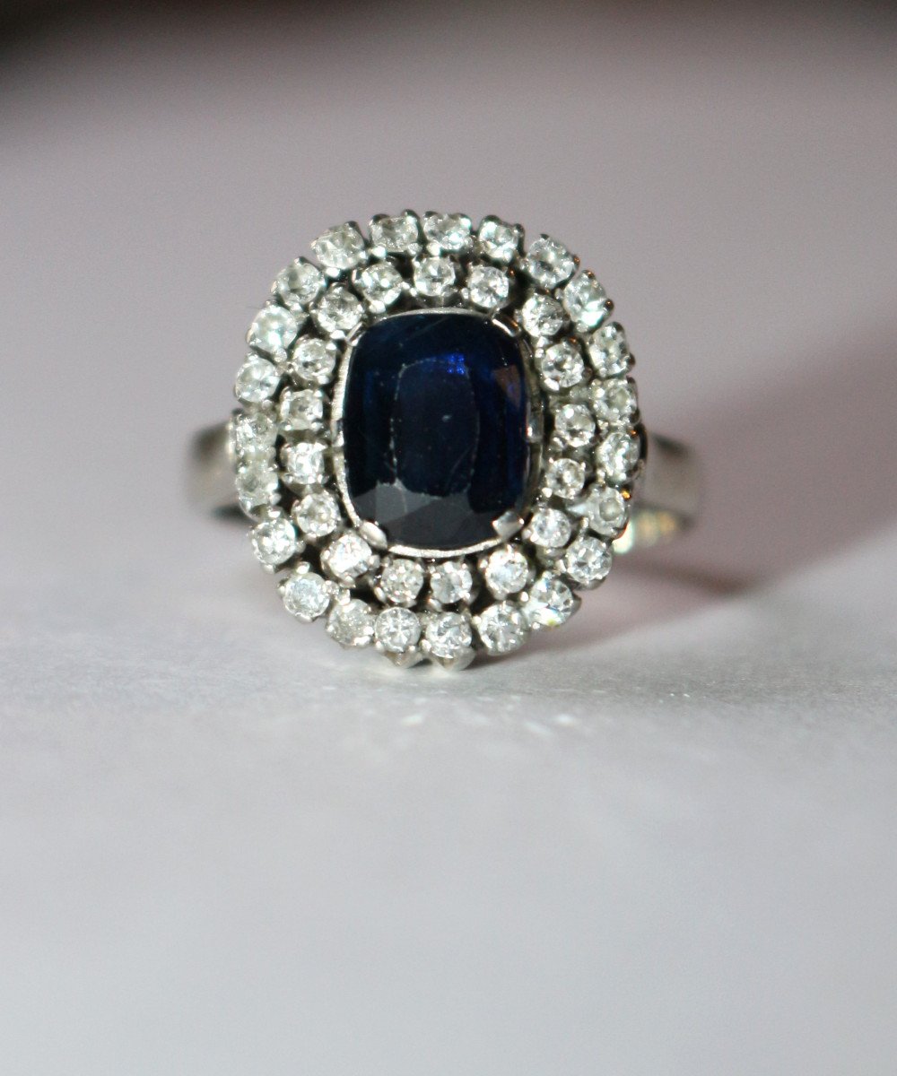 Double Entourage Sapphire Ring Diamonds White Gold-photo-5