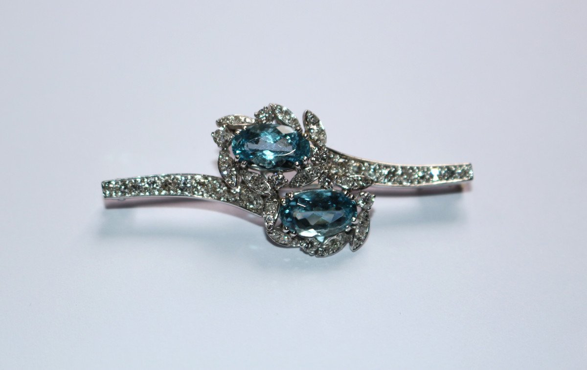 Retro Aquamarine And Diamond White Gold Brooch -photo-2