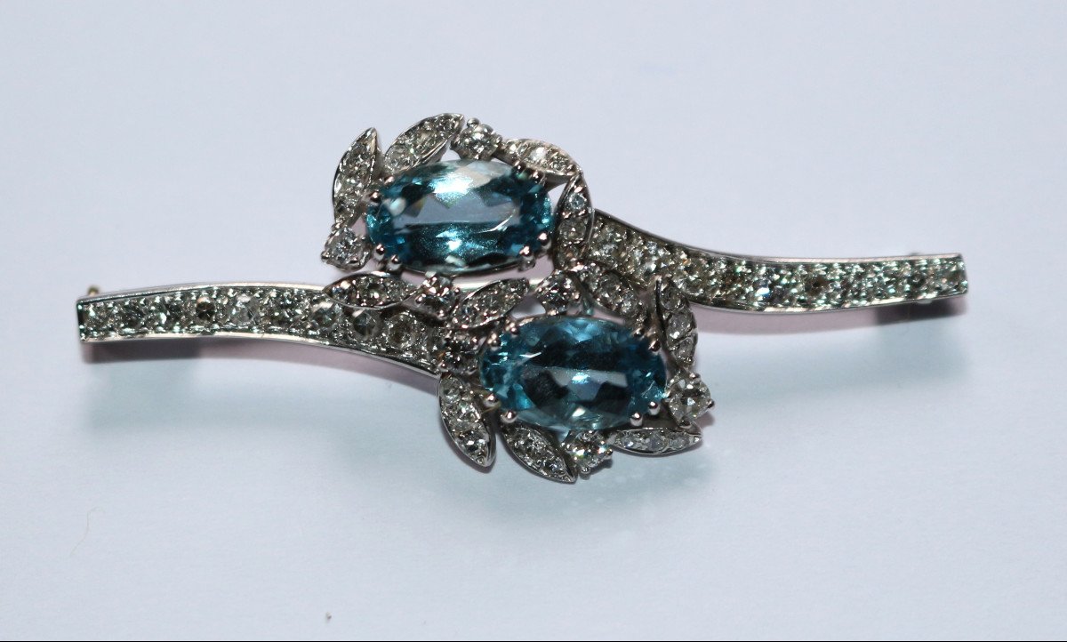 Retro Aquamarine And Diamond White Gold Brooch -photo-2