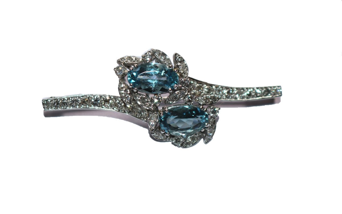 Retro Aquamarine And Diamond White Gold Brooch 