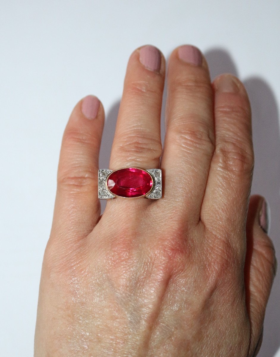 Bague Tank Or Jaune Et Platine,  Saphir rose Verneuil Et Diamants -photo-4