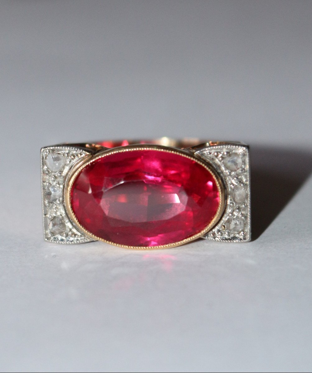 Bague Tank Or Jaune Et Platine,  Saphir rose Verneuil Et Diamants -photo-1