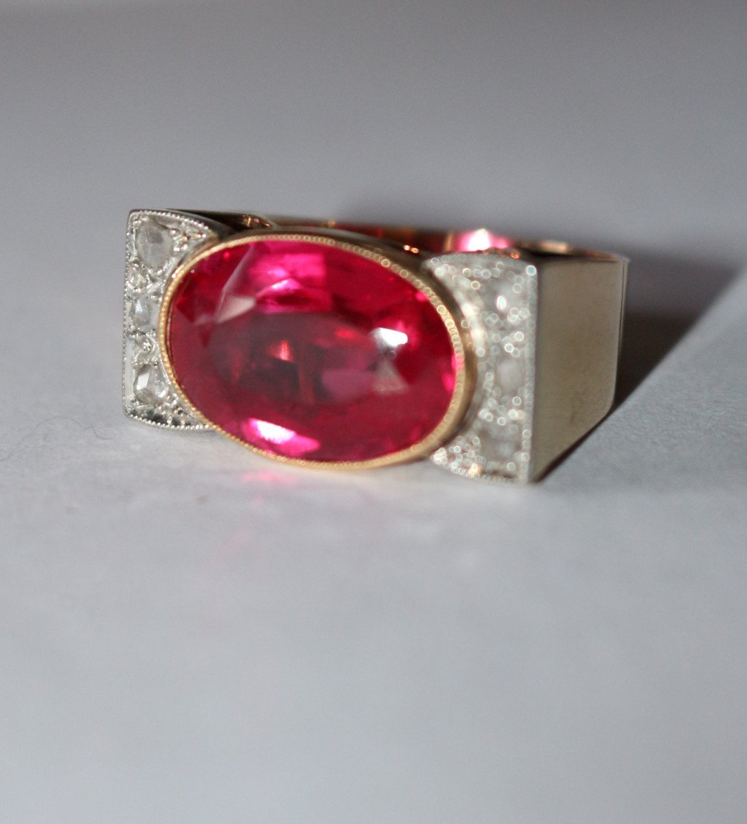 Bague Tank Or Jaune Et Platine,  Saphir rose Verneuil Et Diamants -photo-2