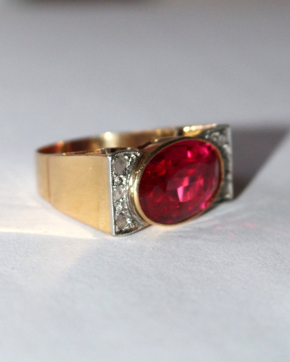 Bague Tank Or Jaune Et Platine,  Saphir rose Verneuil Et Diamants -photo-3