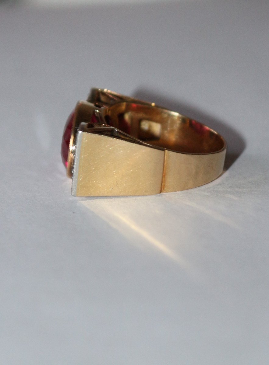 Bague Tank Or Jaune Et Platine,  Saphir rose Verneuil Et Diamants -photo-4