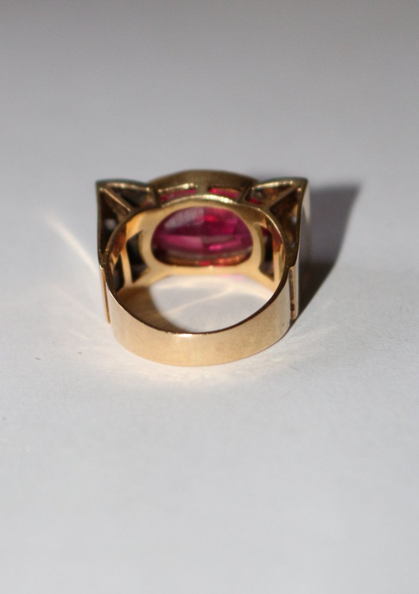 Bague Tank Or Jaune Et Platine,  Saphir rose Verneuil Et Diamants -photo-5