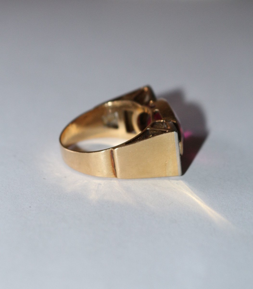 Bague Tank Or Jaune Et Platine,  Saphir rose Verneuil Et Diamants -photo-6