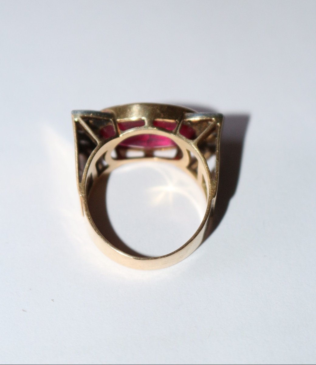 Bague Tank Or Jaune Et Platine,  Saphir rose Verneuil Et Diamants -photo-7