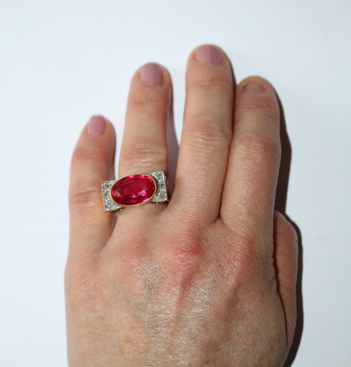 Bague Tank Or Jaune Et Platine,  Saphir rose Verneuil Et Diamants -photo-8