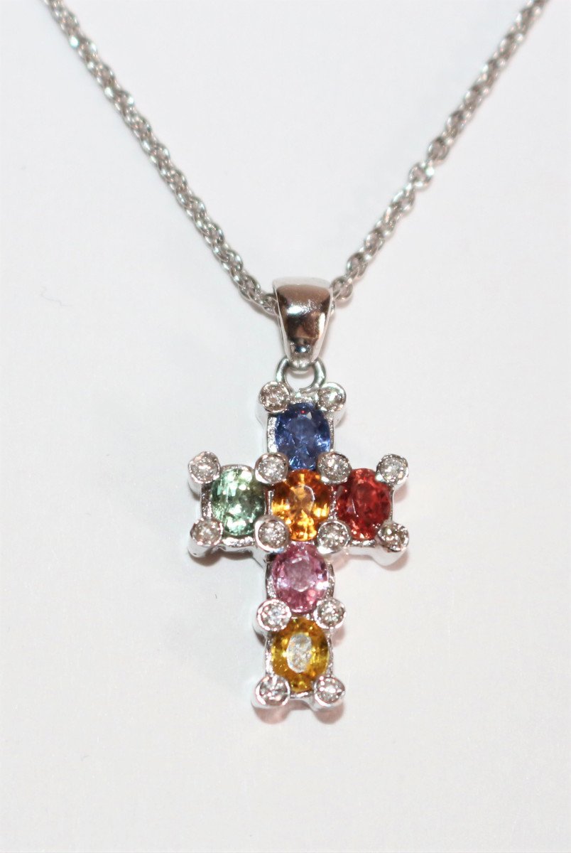 Cross Chain Pendant In Multicolored Sapphires-photo-2