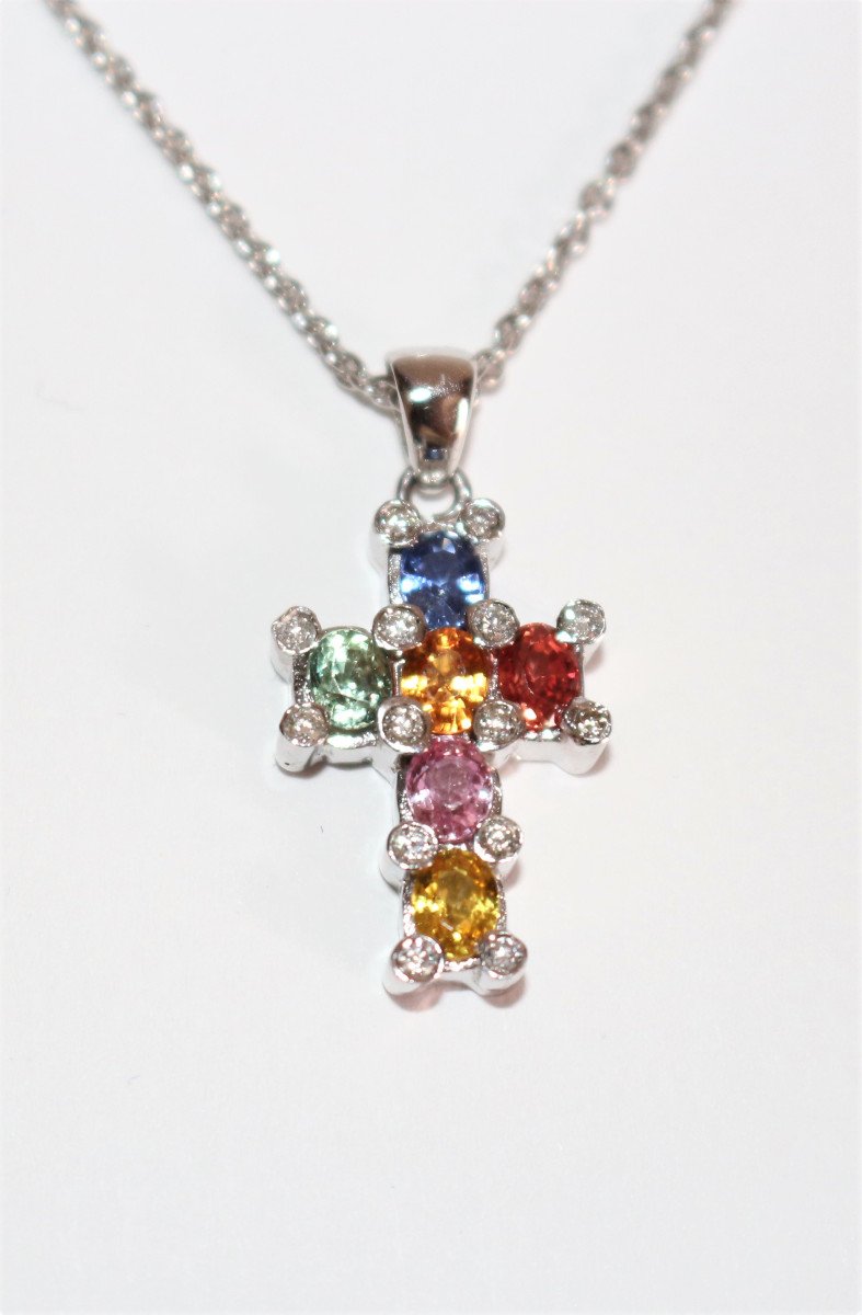 Cross Chain Pendant In Multicolored Sapphires-photo-4