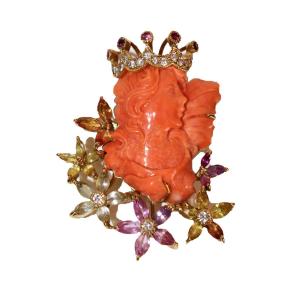 Women's Crowned Coral And Gemstone Pendant Necklace