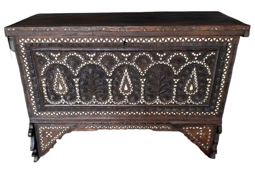 Oriental Wedding Chest, Inlaid With Mother-of-pearl And Carved Wood.