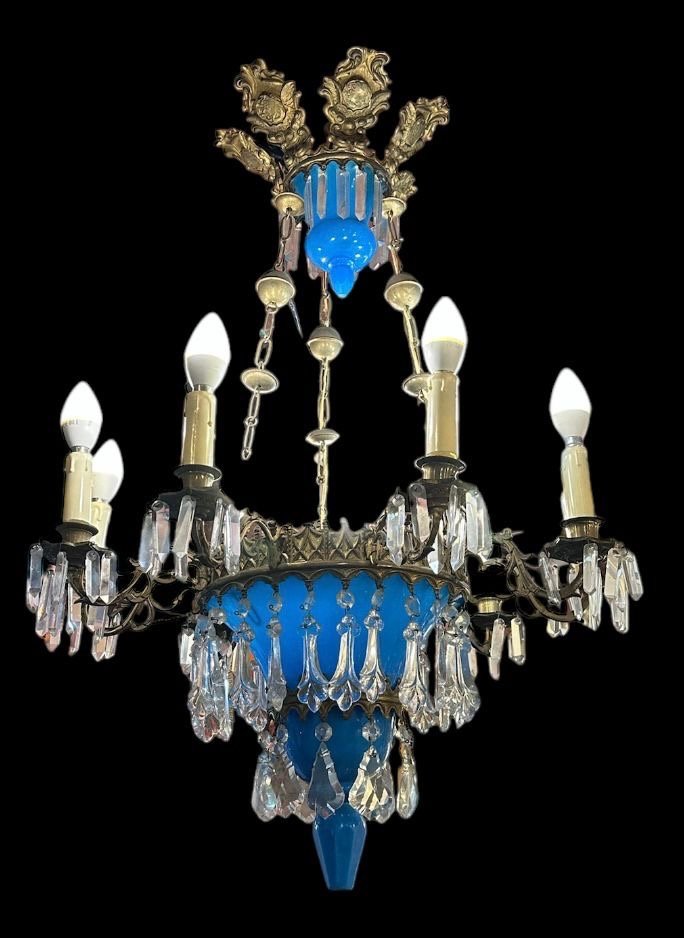 9-light Chandelier In Blue Opaline Glass -photo-2