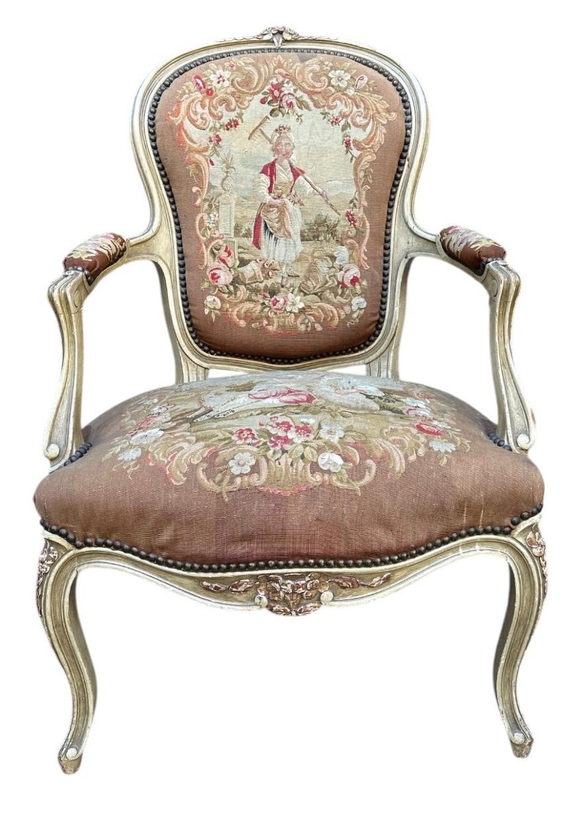 Louis XV Style Carved Painted Wood Armchair Seat And Back In Handmade Aubusson Tapestry-photo-2