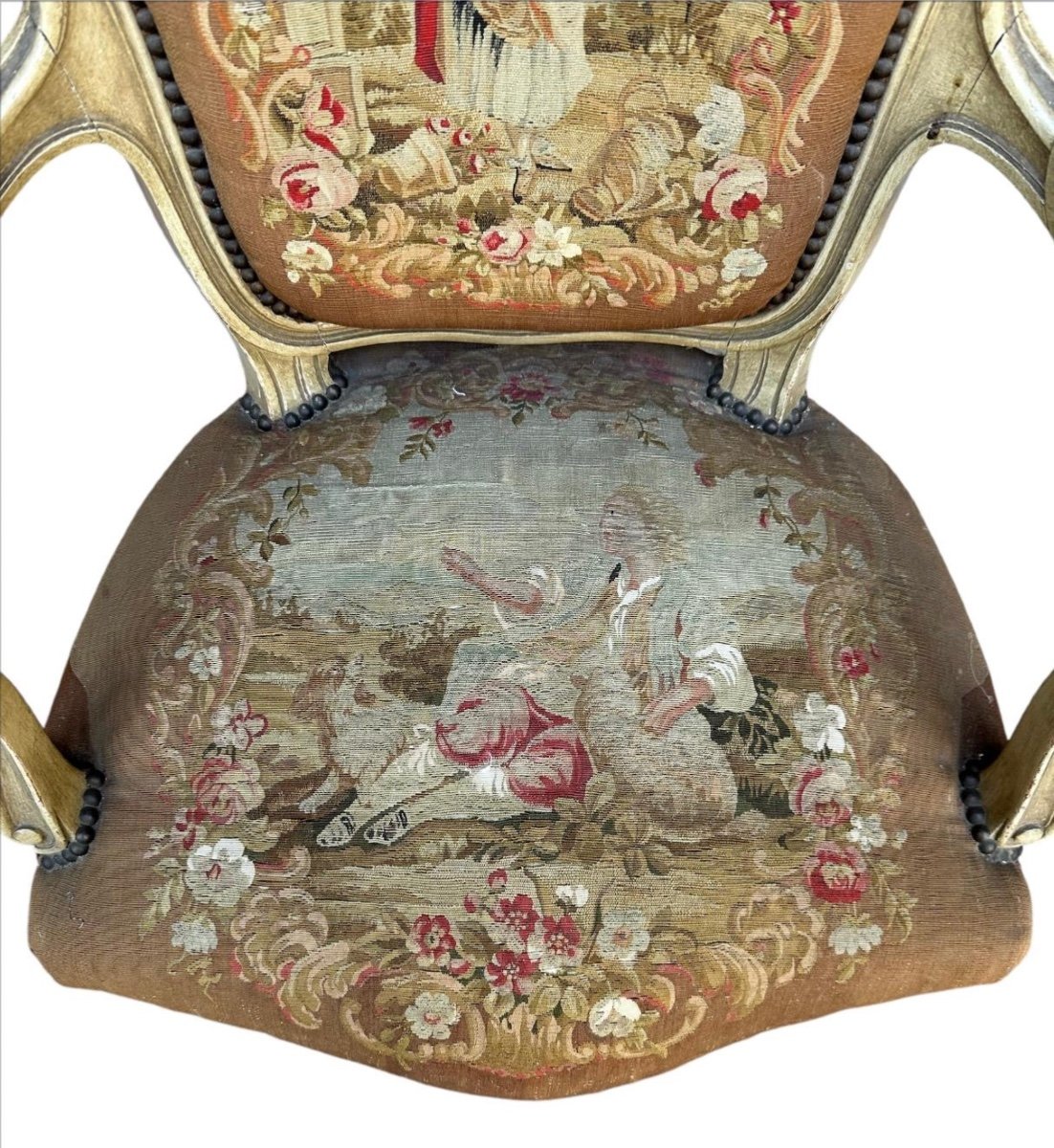 Louis XV Style Carved Painted Wood Armchair Seat And Back In Handmade Aubusson Tapestry-photo-3