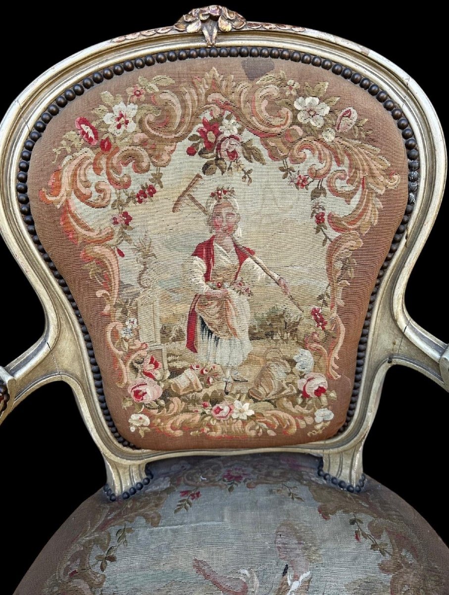 Louis XV Style Carved Painted Wood Armchair Seat And Back In Handmade Aubusson Tapestry-photo-4